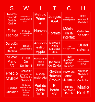 Nintendo Direct - Nintendo Switch 2 Bingo Card