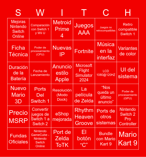 Nintendo Direct - Nintendo Switch 2 Bingo Card