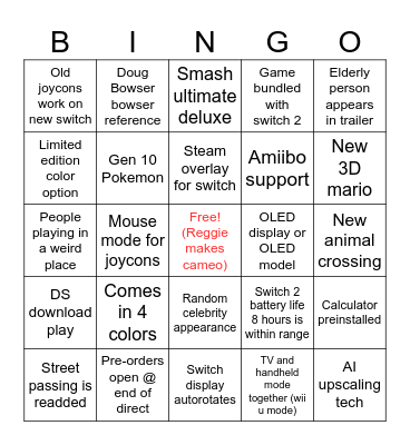 Nintendo Switch 2 presentation Bingo Card