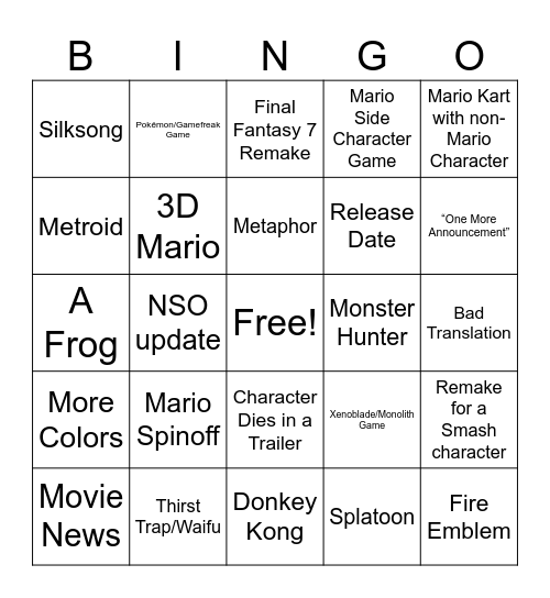 Switch 2 Direct Bingo Card