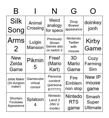 Nintendo Switch 2 Direct Bingo Card