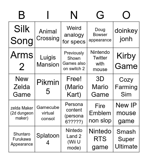 Nintendo Switch 2 Direct Bingo Card