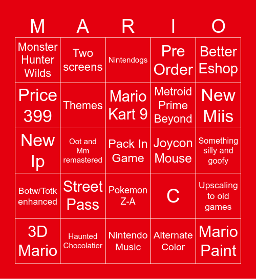 Nintendo Switch 2 Bingo Card