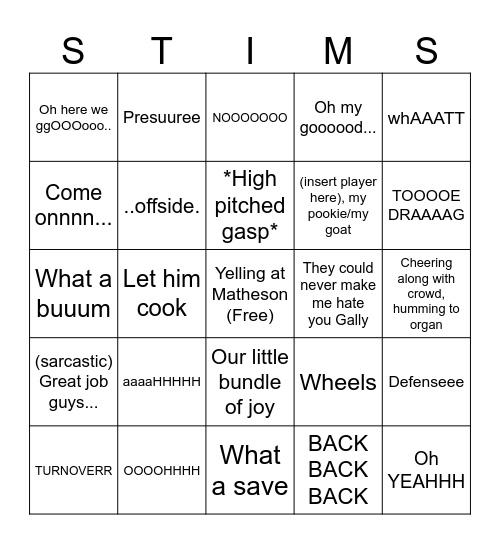 Tyler Hockey Stims Bingo Card