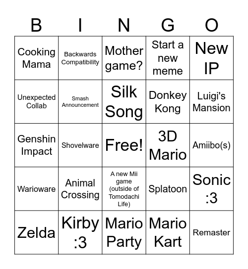 Switch 2 Bingo Card
