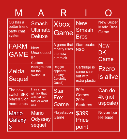 Nintendo Switch 2 Direct Bingo Card