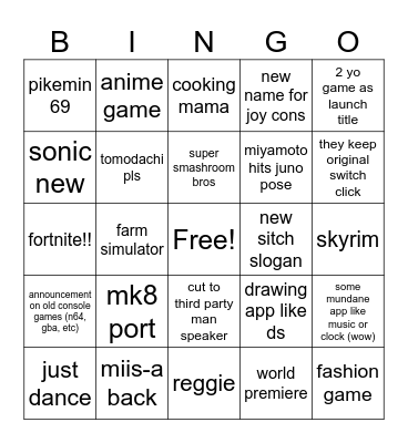 nimdo direct the second switch Bingo Card