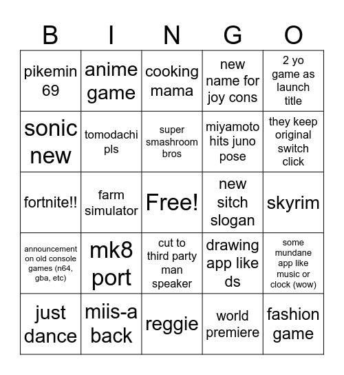 nimdo direct the second switch Bingo Card