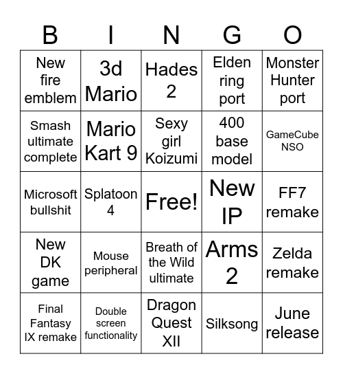 Nintendo Switch 2 direct Bingo Card