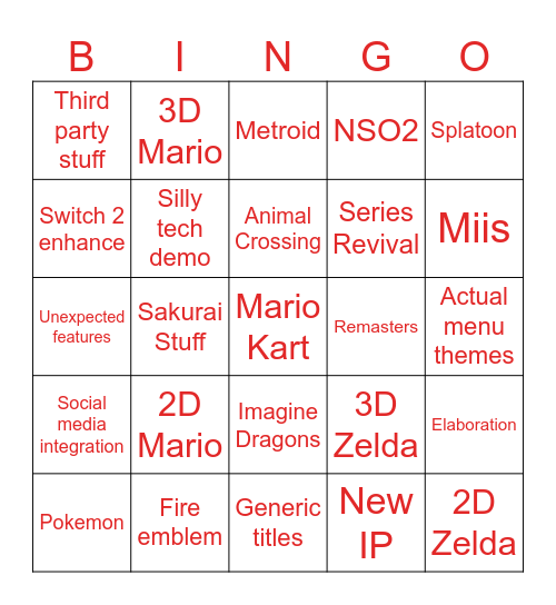 Switch 2 Direct BINGO Card