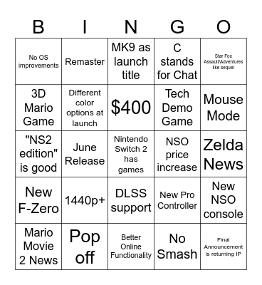 Switch 2 Bingo Card