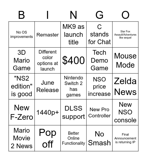Switch 2 Bingo Card
