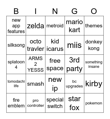 NINTENDO DIRECT Bingo Card