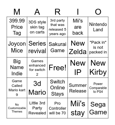 Presenting: Switch 2 Bingo Card