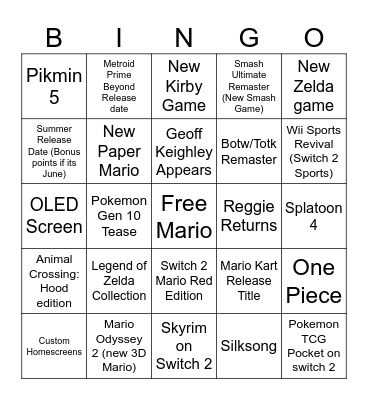 Switch 2 Bingo Card