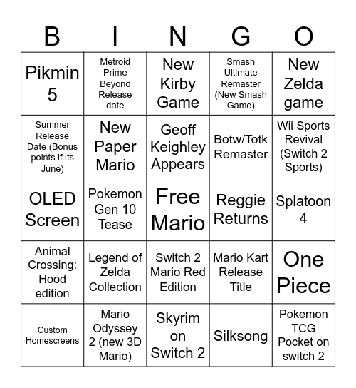 Switch 2 Bingo Card