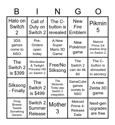 Press X Nintendo Direct Bingo Card