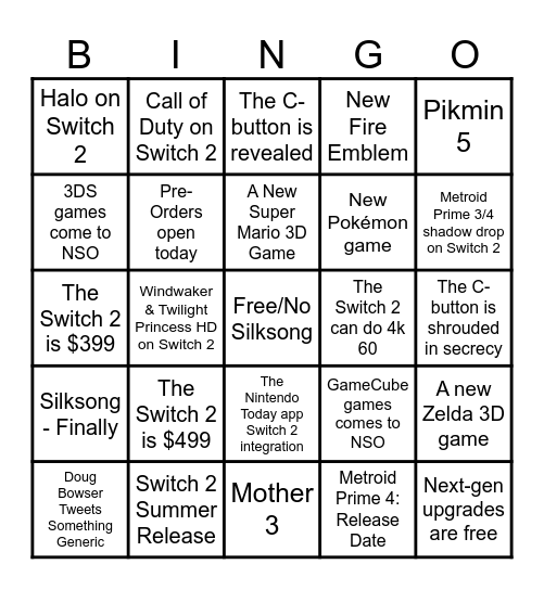 Press X Nintendo Direct Bingo Card