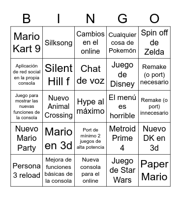 Nintendo direct switch 2 Bingo Card