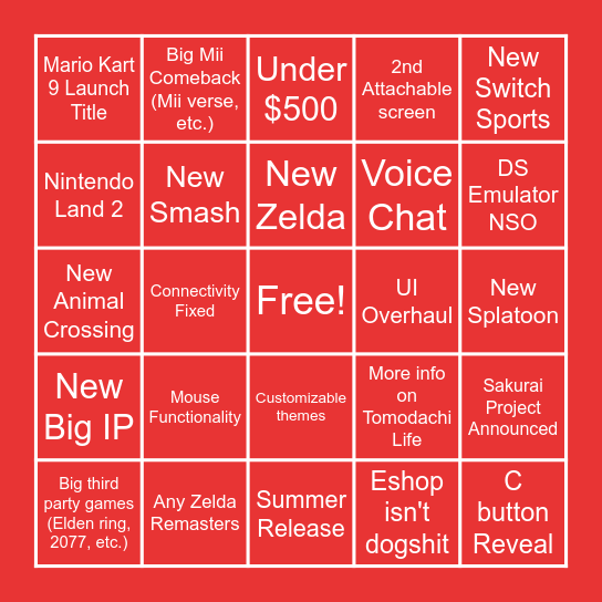NINTENDO SWITCH 2 Bingo Card
