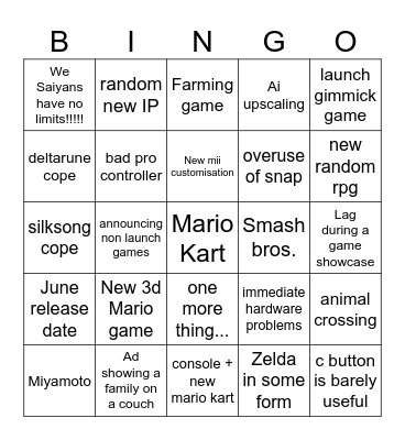 Nintendo direct Bingo Card
