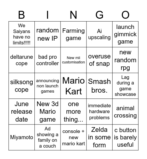 Nintendo direct Bingo Card