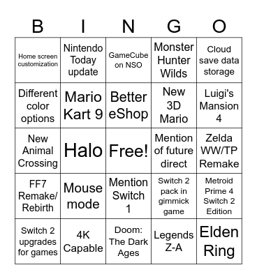 Switch 2 Direct Bingo Card