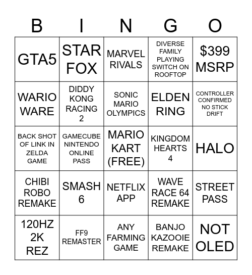 SWITCH 2 Bingo Card