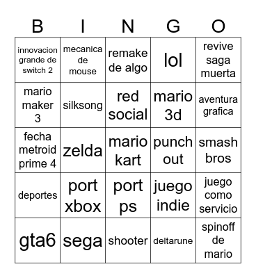 nintendo direct Bingo Card