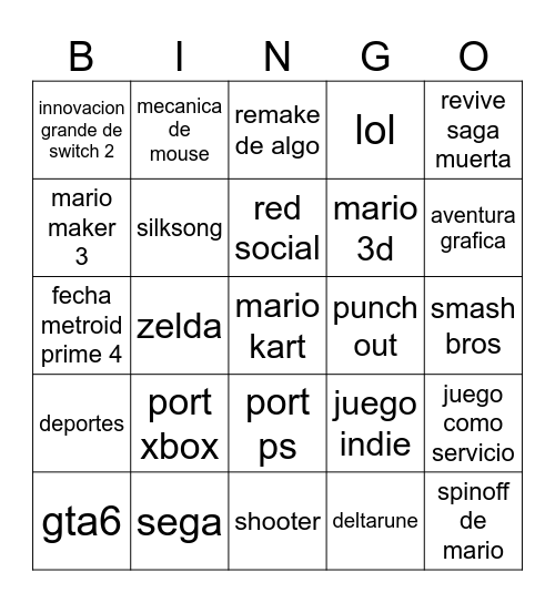 nintendo direct Bingo Card