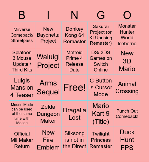 Nintendo Switxh 2 Direct Bingo Card