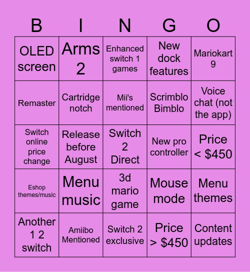 Switch 2 Bingo Card