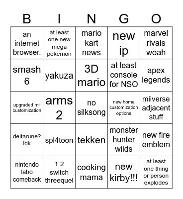 ninty switch two Bingo Card