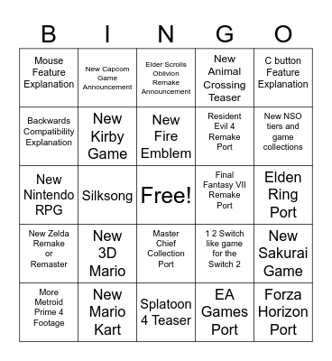 Nintendo Switch 2 Direct Bingo Card