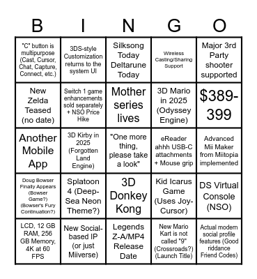 Nintendo Switch 2 Direct Bingo Card