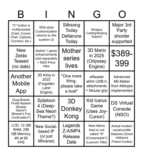 Nintendo Switch 2 Direct Bingo Card