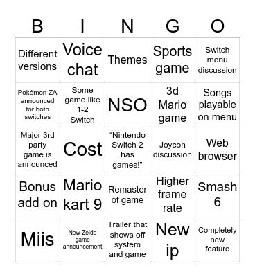 Nintendo Switch 2 Direct Bingo Card