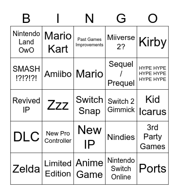 Switch 2 Nintendo Direct 4/2/2025 Bingo Card
