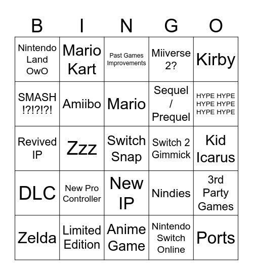 Switch 2 Nintendo Direct 4/2/2025 Bingo Card