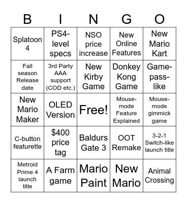 Switch 2 Bingo Card