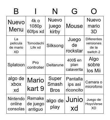 Nintendo direct Bingo Card