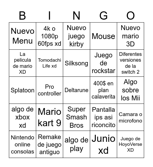 Nintendo direct Bingo Card