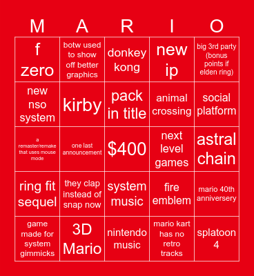 nintendo direct bingo Card