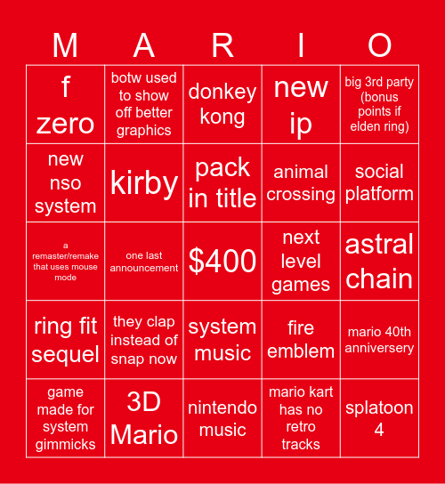 nintendo direct bingo Card