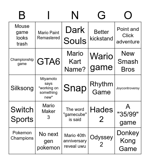 Switch 2 Bingo Card