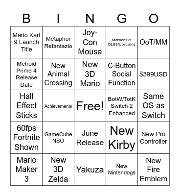 Nintendo Switch 2 Direct Bingo Card