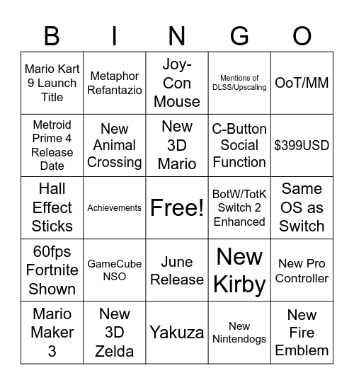 Nintendo Switch 2 Direct Bingo Card