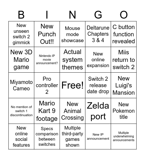 Switch 2 Reveal Bingo Card Bingo Card