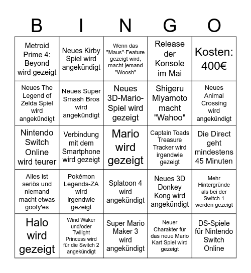 Nintendo Switch 2 Direct Bingo Card