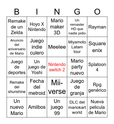 Nintendo Direct Bingo Card